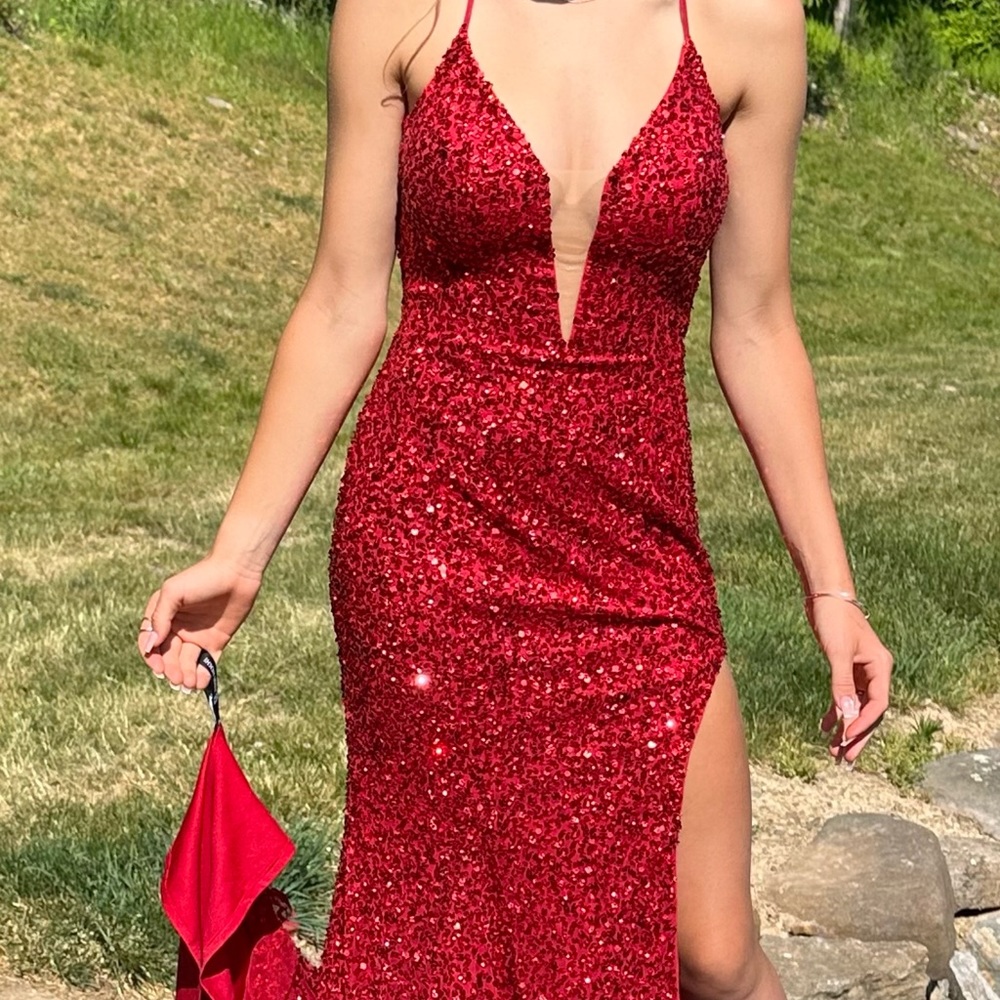 Red Sequin Cris Cross Back Prom/Formal Dress